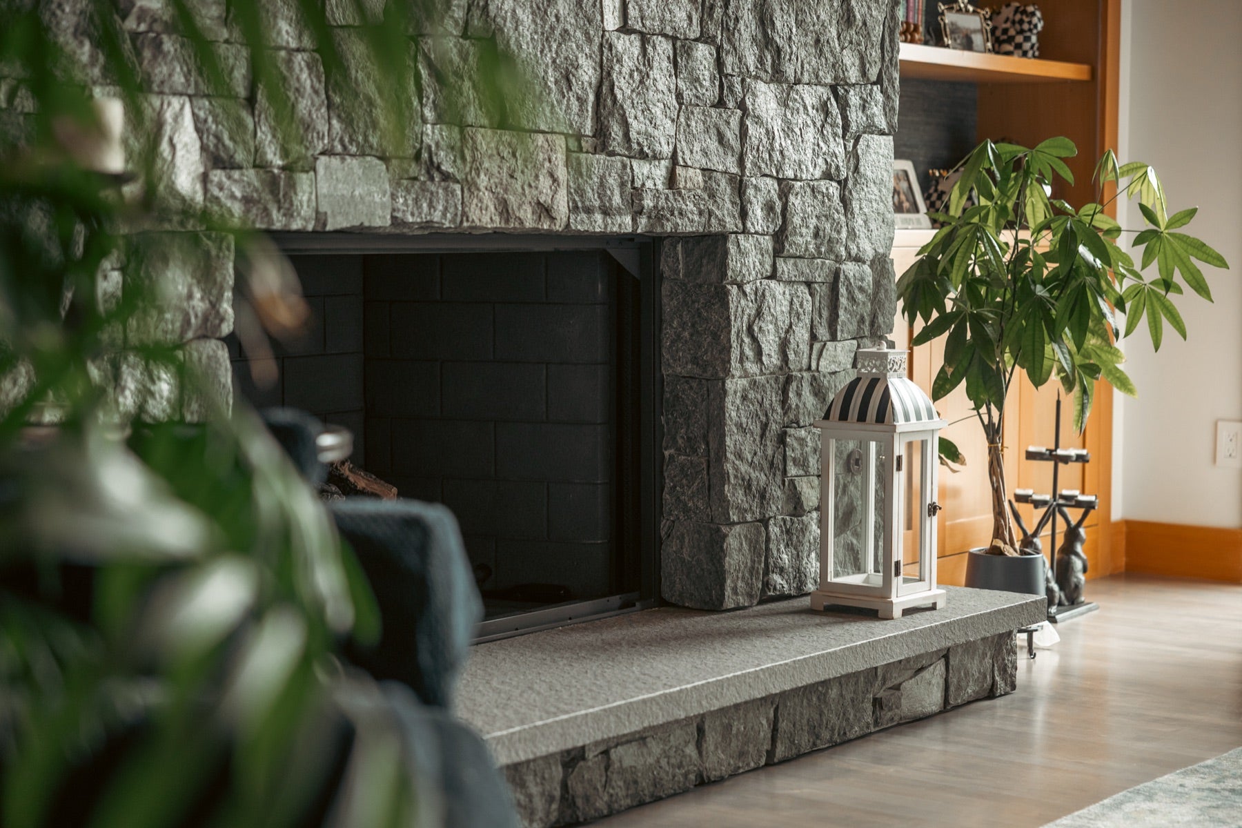 Stone fireplace and honed hearth slab, Carmel, CA