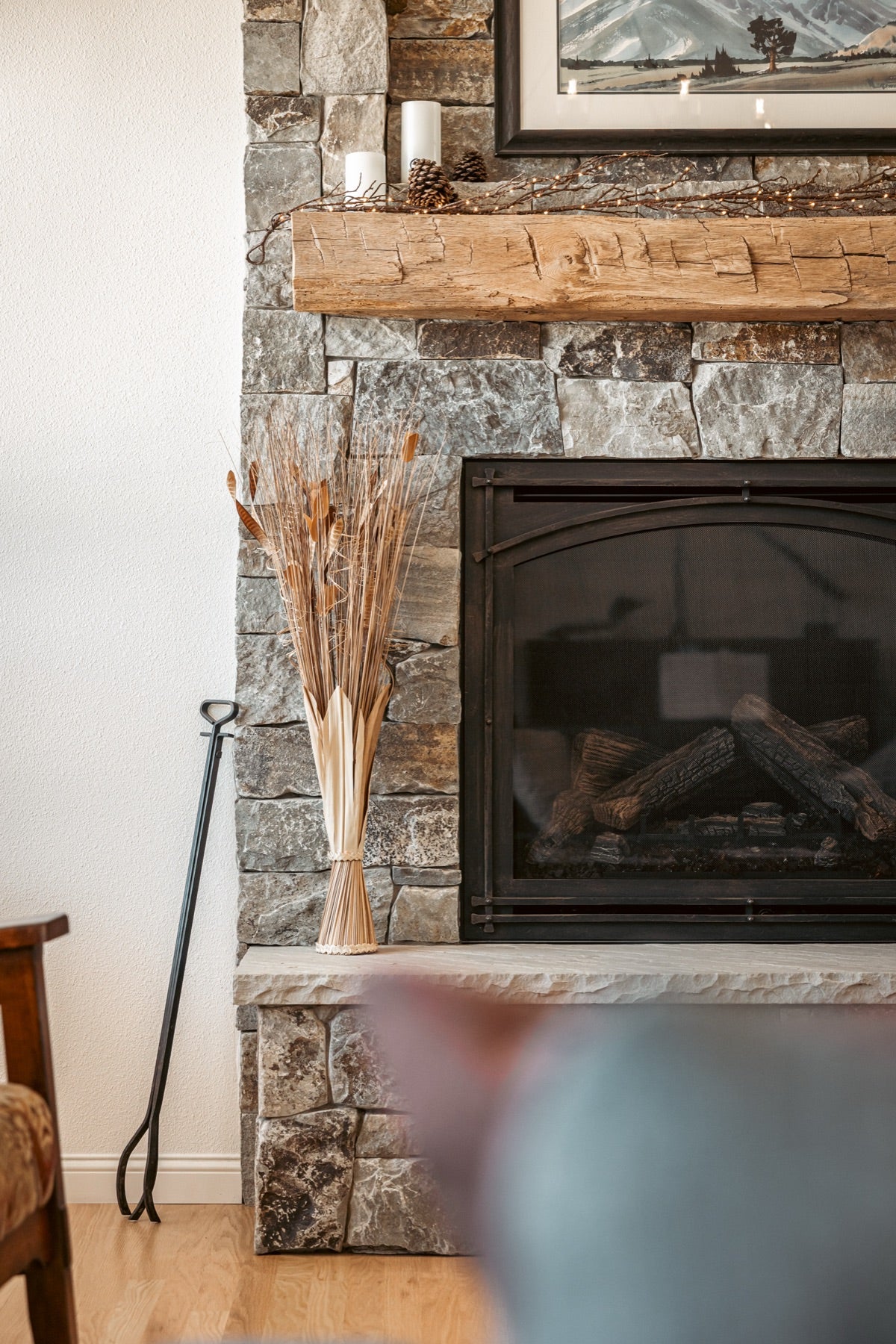 Reclaimed beam mantel and stone fireplace, Scotts Valley, Santa Cruz County